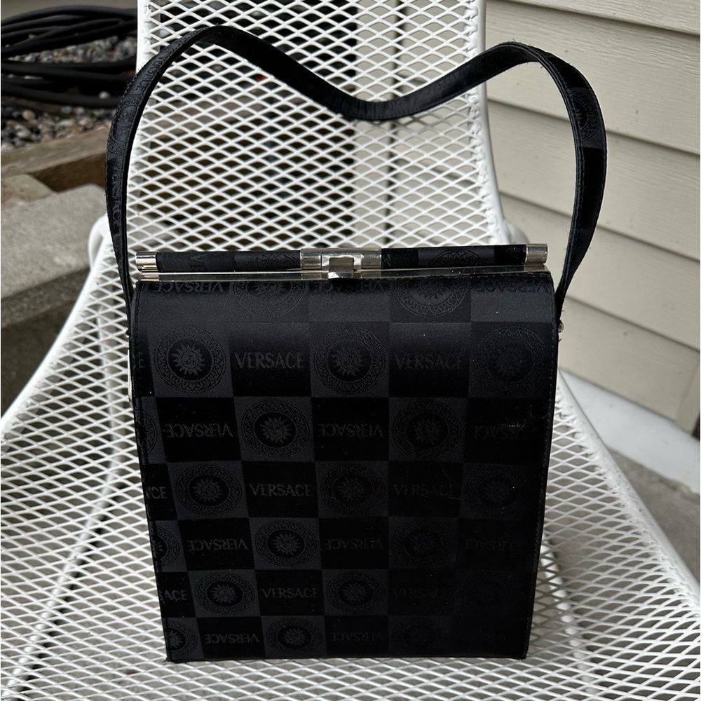 Versace Black Satin Checker Shoulder Bag with Silver-Tone Frame